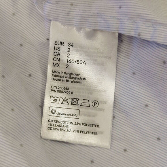 H&M Blue Fitted Shirt Light Blue Striped Hearts Long Sleeve Button-Down Size 2 - Picture 6 of 8